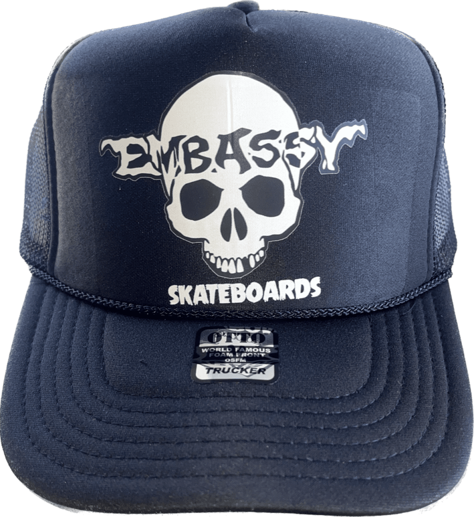 Black Trucker Cap White Skully print - Embassy Skateboards