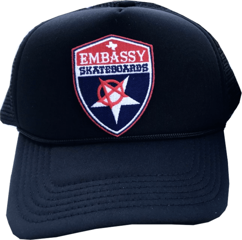 Embassy Shield Logo on Black Trucker Cap - Image 2
